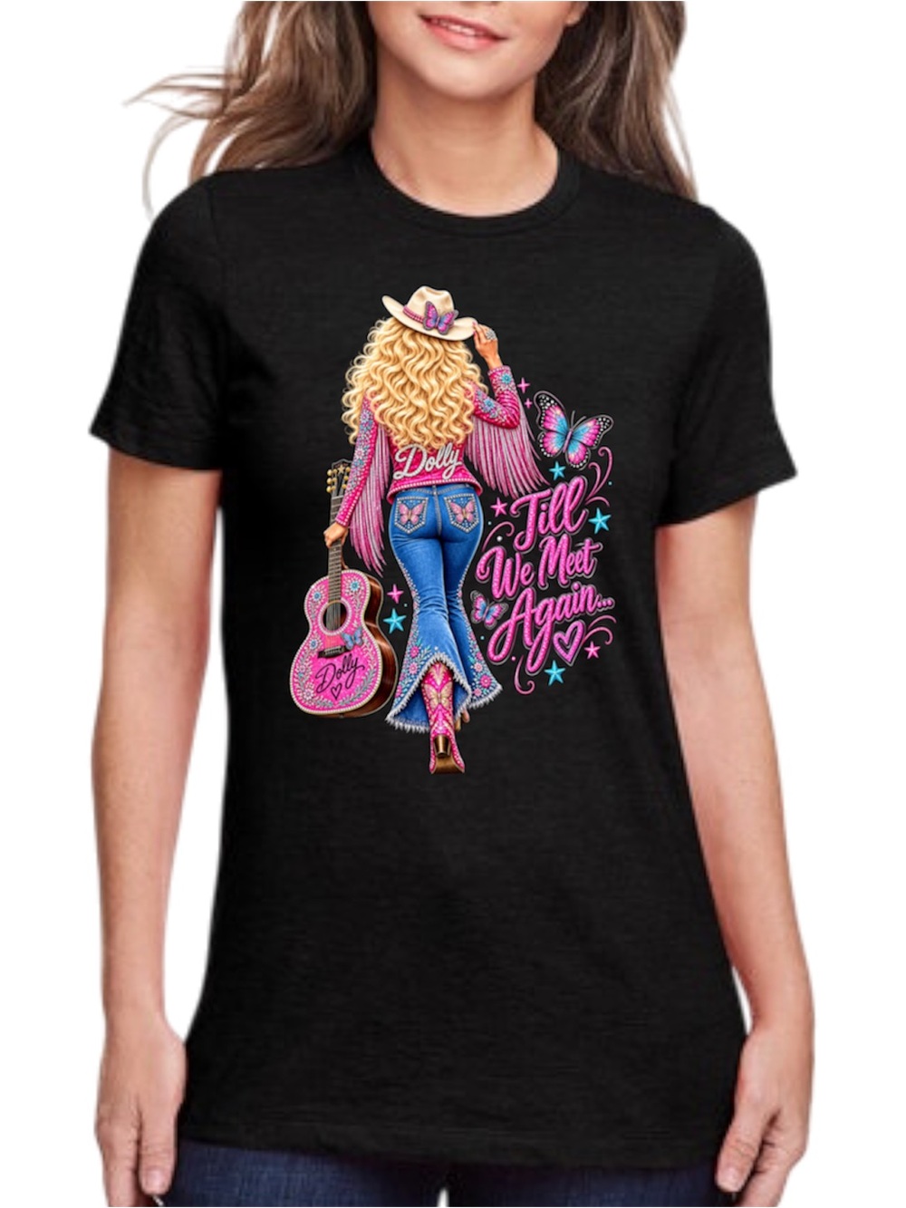 Dolly Parton Graphic T Shirt Pink Burgundy Butterfly Country Music Tee